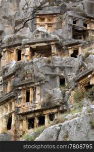 Rock tombs and mountain in Myra, Turkey