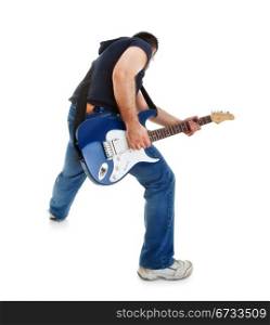 rocker playing guitar, white background
