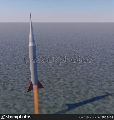 Rocket flying over sea, 3d render