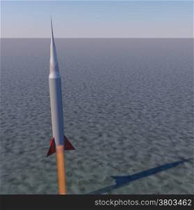 Rocket flying over sea, 3d render