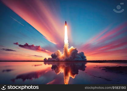 rocket launch at sunrise, with fiery streaks of orange and pink against the blue sky, created with generative ai. rocket launch at sunrise, with fiery streaks of orange and pink against the blue sky