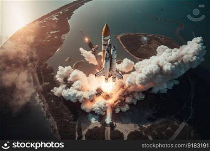 rocket launch from a bird’s-eye view, with camera circling the launch pad and ascending rocket, created with generative ai. rocket launch from a bird’s-eye view, with camera circling the launch pad and ascending rocket