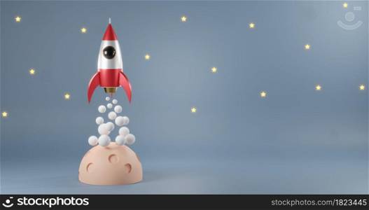 Rocket launch have smoke in the sky galaxy flying frome moon over clouds, Concept of business product market startup with copy space on white background, Space travel, 3D rendering illustration