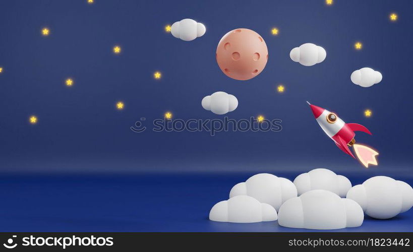 Rocket launch have smoke in the sky galaxy flying to moon over clouds, Concept of business product market startup with copy space on white background, Space travel, 3D rendering illustration