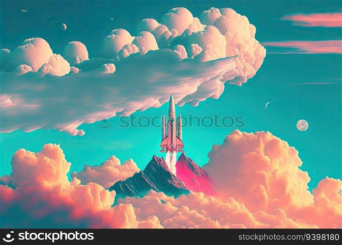 Rocket launch in the clouds and flames. Space ship taking off, starting the flight. Generative AI