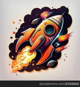 Rocket launch logo sticker in cartoon style illustration. Generative AI. High quality illustration. Rocket launch logo sticker in cartoon style illustration. Generative AI