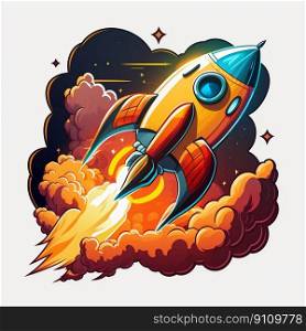 Rocket launch logo sticker in cartoon style illustration. Generative AI. High quality illustration. Rocket launch logo sticker in cartoon style illustration. Generative AI