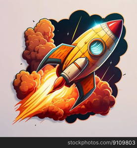 Rocket launch logo sticker in cartoon style illustration. Generative AI. High quality illustration. Rocket launch logo sticker in cartoon style illustration. Generative AI