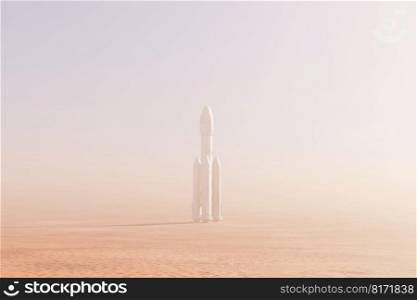 Rocket over Martian desert surface, fog in the atmosphere. 3d render