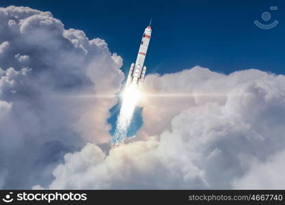 Rocket Space Ship. Military missile flying high in blue sky