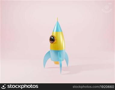 Rocket spaceship antique style, Model cartoon toy space exploration icon on pink background, Retro fly to the moon and galaxy, 3D rendering illustration