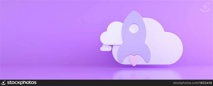 rocket with cloud over purple background, storage concept, 3d render, panoramic mockup