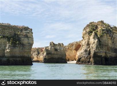 rocks and cliff in algarve city lagos in Portugal, the most beautifull coastline of the world, seen from a boat