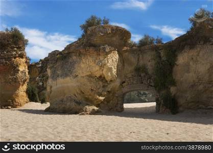 rocks and cliff in algarve city lagos in Portugal, the most beautifull coastline of the world seen from the beach