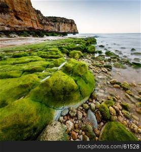 Rocks and Cliffs of Porto de Mos Beach in the Morning, Lagos, Algarve, Portugal
