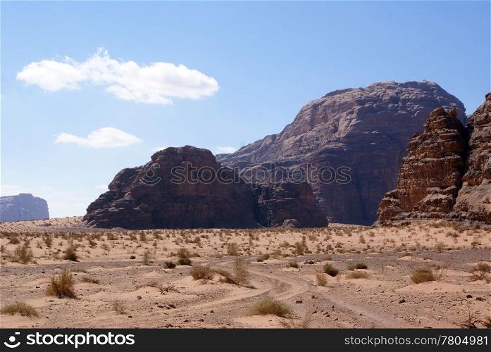 Rocks and sand in desert Wadi Rum, Jordan