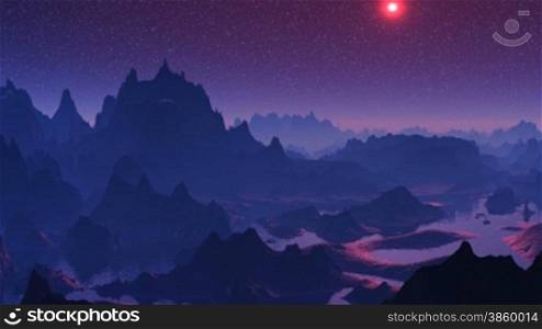 Rocks and small islands stand among water. In air haze, the horizon is covered with a fog. The bright star pulses in the dark night sky, filling in with blue and red light a landscape.