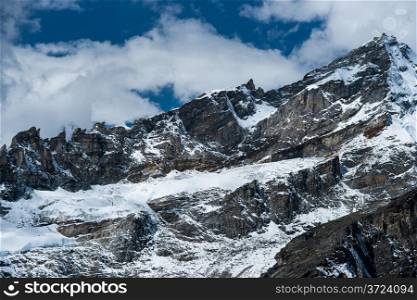 Rocks and snow viewed from Gokyo Ri summit in Himalayas. Travel to Nepal