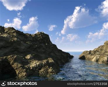 Rocks and the sea. 3D rendering surfaces of rocks and the cloudy sky