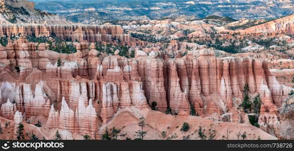Rocks in Bryce Canyon. Panorama of the mountain massif.