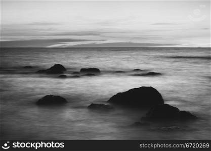 rocks in surf, Andaman Sea, black and white