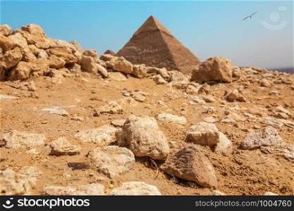 Rocks in the Giza desert in front of the Pyramid, Egypt.. Rocks in the Giza desert in front of the Pyramid, Egypt