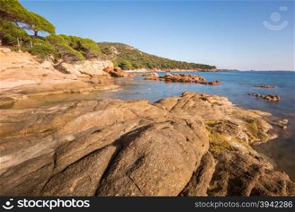 Rocks jutting out into a calm, crystal clear, mediterranean sea at Palombaggia beach in Corsica