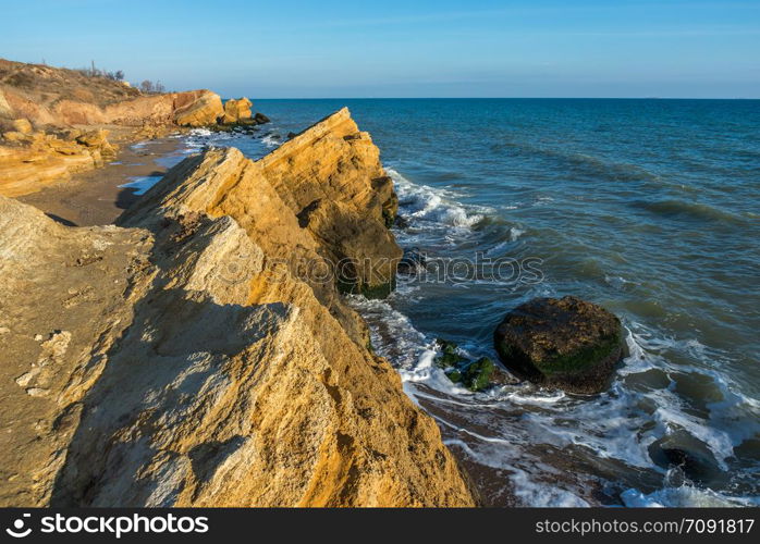 Rocks near the Black Sea coast near the village of Fontanka, Odessa region, Ukraine. Rocks near the Black Sea coast