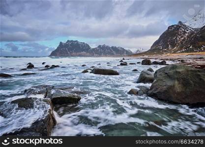 Rocks on beach of fjord of Norwegian sea in winter with snow. Utakliev beach, Lofoten islands, Norway. Beach of fjord in Norway