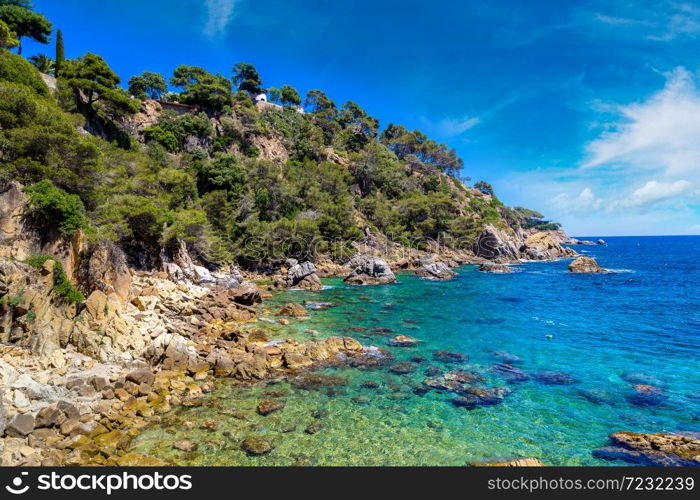 Rocks on the coast of Lloret de Mar in a beautiful summer day, Costa Brava, Catalonia, Spain