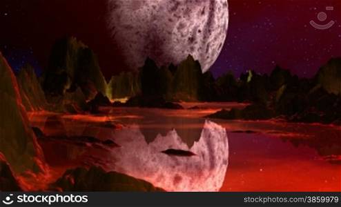 Rocks stand among water. Everything is painted in red and places in yellow tone. In water reflection of rocks, the star sky and the huge moon (planet) hanging over the horizon.