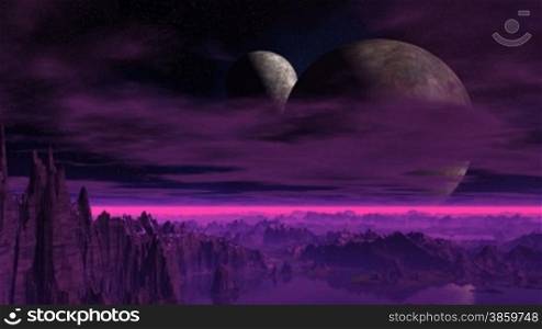 Rocks stand among water. The horizon is covered by a pink shining fog. Two planets rotate in the night sky. Clouds slowly float.