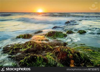 Rocks with green seaweed in the light of the setting sun and mystical waves . Long expusure photography on the dutch coast, Zeeland, Netherlands