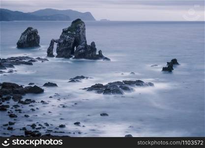 Rocky coast near San Juan de Gaztelugatxe. Vizcaya, Basque Country, Spain. View of the Cantabrian Sea