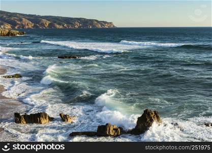 Rocky coast of Atlantic ocean in Portugal. Breathtaking landscape and nature of the the Portuguese coastline