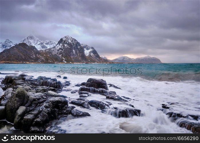 Rocky coast of fjord of Norwegian sea in winter. Vareid, Lofoten islands, Norway. Rocky coast of fjord in Norway