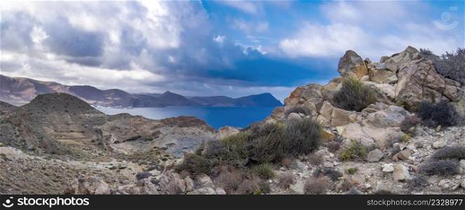Rocky Coastline and Cliffs, Los Escullos, Cabo de Gata-Nijar Natural Park, UNESCO Biosphere Reserve, Hot Desert Climate Region, Almeria, Andalucia, Spain, Europe