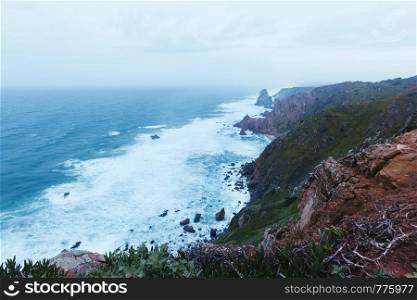 Rocky coastline of Atlantic ocean panorama view, Portugal