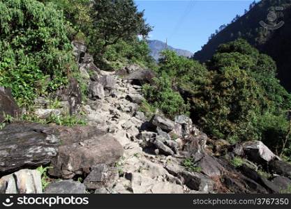 Rocky footpath in mountain in Nepal
