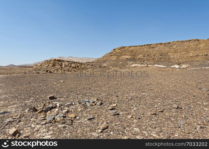 Rocky hills of the Negev Desert in Israel. Breathtaking landscape and nature of the Middle East.