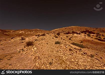 Rocky hills of the Negev Desert in Israel at sunset. Wind carved rock formations in the Southern Israel Desert.