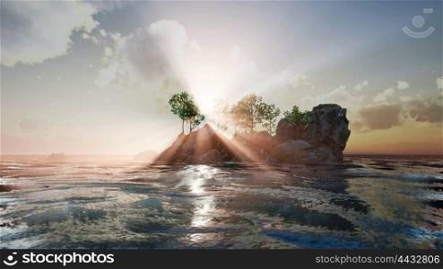 rocky island with trees at ocean at sunset. Rocky Island with Trees as Ocean