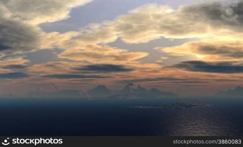 Rocky islands are among the water. Their tops are covered with snow. In the sky thick clouds float. Of - for them there is a bright sun.