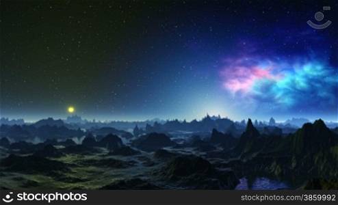 Rocky landscape of a primitive planet. Sharp hills and rocks stand among water. The horizon is covered with a white being shone fog. In the night star sky bright nebula. There ascends the yellow sun.