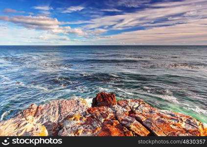 Rocky landscape on the Atlantic coast of the Cape Peninsula, the most south-western point of the African Continent, Cape of Good Hope, South Africa&#xA;