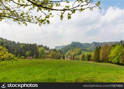 Rocky mountains valley and meadow, Europe nature. Summer tourism and travels, famous european landmark, popular places. Rocky mountains valley and meadow, Europe nature