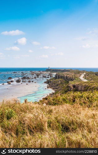 Rocky sea cliff and cape of East cape Higashi henna zaki, Miyako, Okinawa, Japan