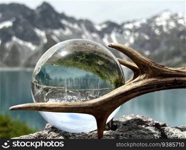 Roebuck antlers next to Lensball, crystal ball, with reflections of Lake Lunersee  Lunersee, Montafon, Vorarlberg . In the background the famous Ratikon Mountains, one of the most impressive high mountain regions of Austria and the European Alps.