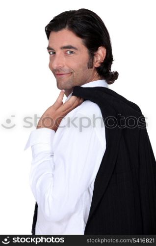 Roguish gent holding his jacket over his shoulder