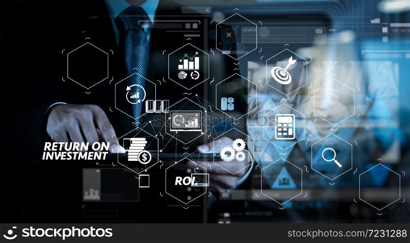 ROI Return on Investment indicator in virtual dashboard for improving business. Double exposure of businessman shows modern technology as concept